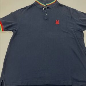 Psycho Bunny Navy Polo with Rainbow Trim and Red Bunny Emblem, XXL
